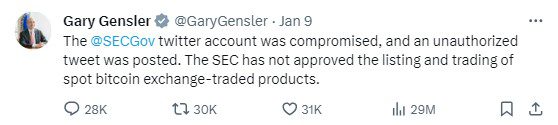 Post from Gary Gensler's personal X/Twitter account: "The SECGov twitter account was compromised, and an unauthorized tweet was posted. The SEC has not approved the listing and trading of spot bitcoin exchange-traded products."