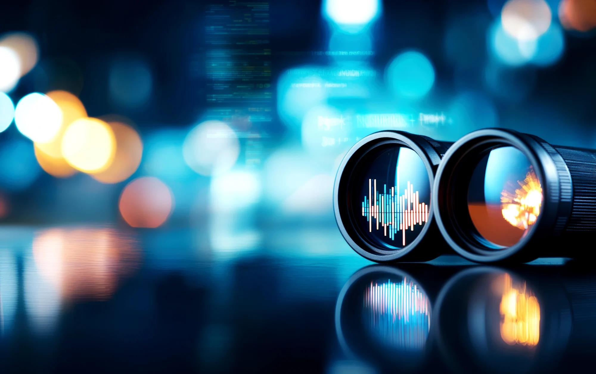 binoculars with financial charts symbolizing market outlook